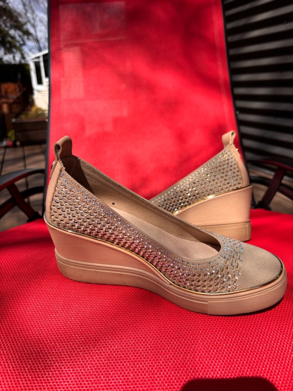 Sparkling Nude Wedge Slip-On Shoes with Crystal Accents